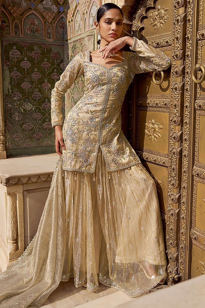 Gold Tissue Party Wear Sharara Set by Lashkaraa at Pernia's Pop Up Shop