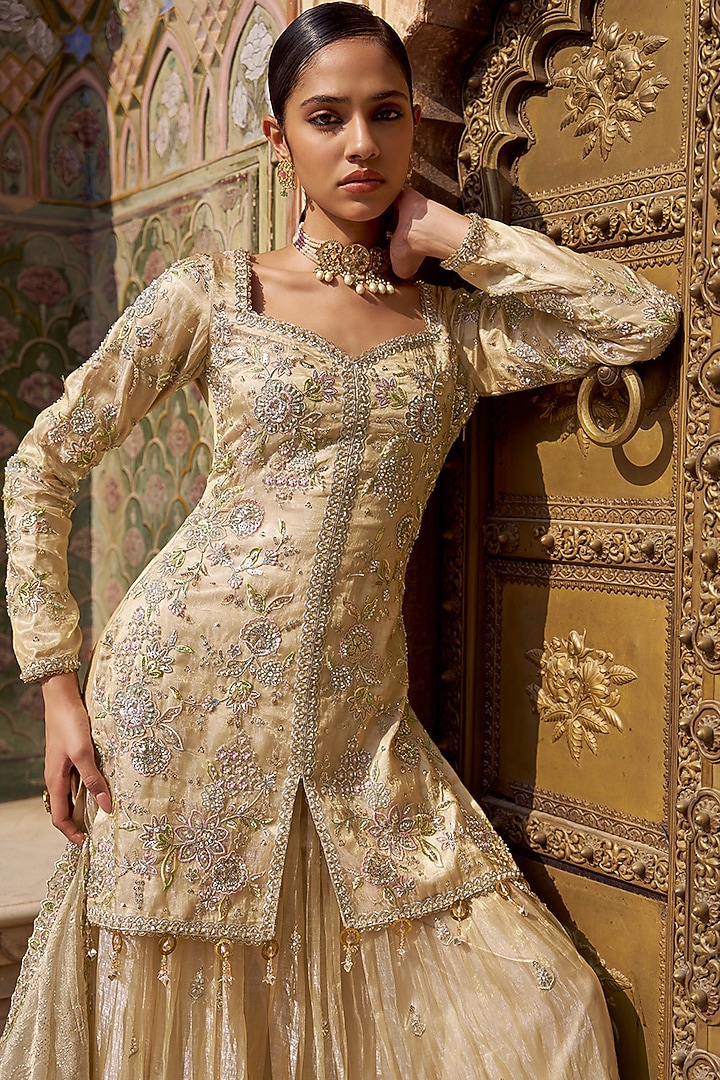 Gold Tissue Party Wear Sharara Set by Lashkaraa at Pernia's Pop Up Shop