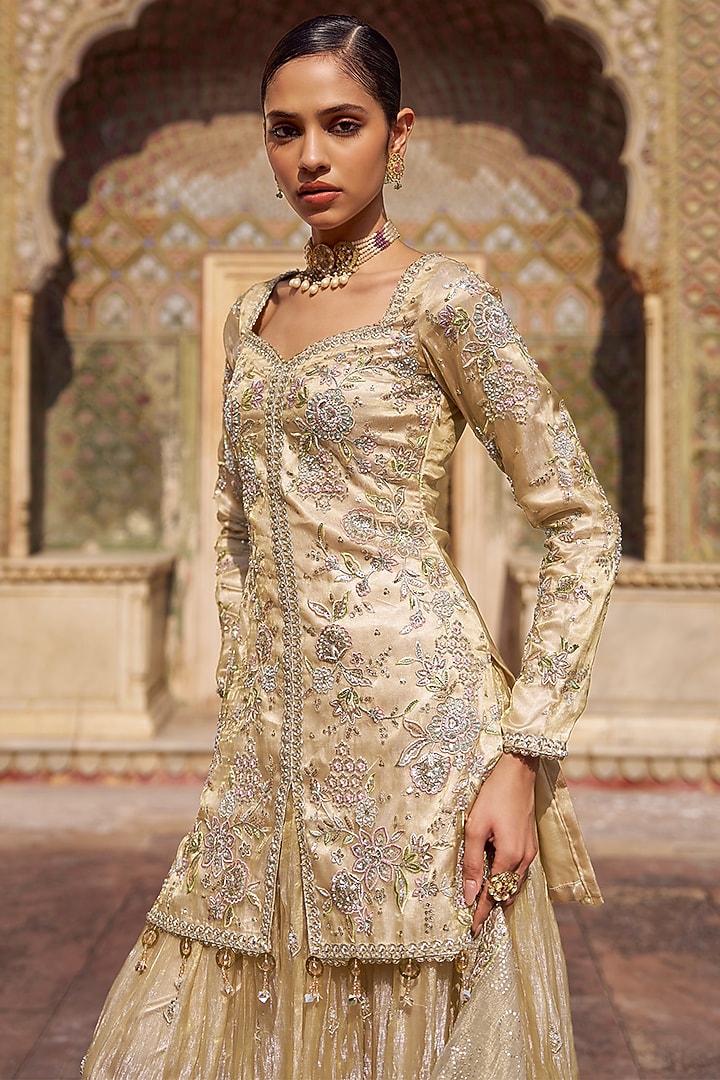 Gold Tissue Party Wear Sharara Set by Lashkaraa at Pernia's Pop Up Shop