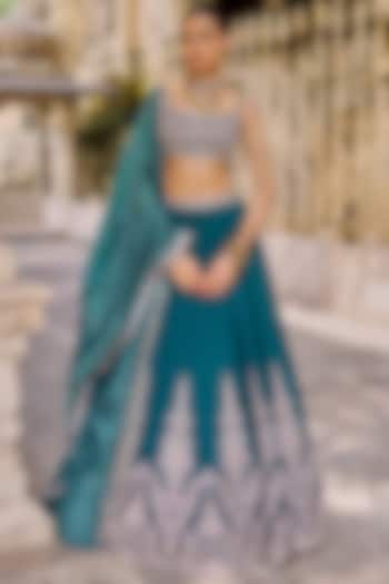 Teal Green Silk Hand Embroidered Lehenga Set by Lashkaraa at Pernia's Pop Up Shop