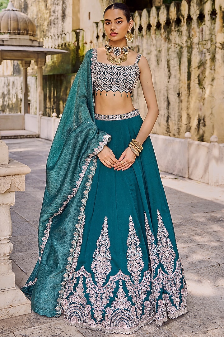 Teal Green Silk Hand Embroidered Lehenga Set by Lashkaraa at Pernia's Pop Up Shop