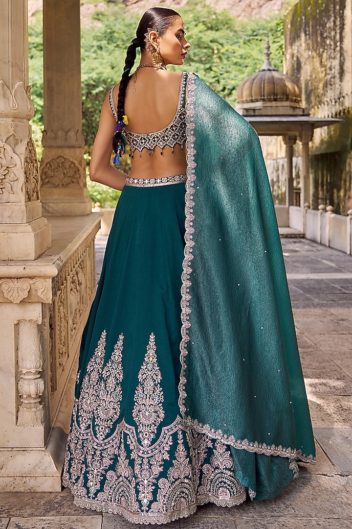 Teal Green Silk Hand Embroidered Lehenga Set by Lashkaraa at Pernia's Pop Up Shop