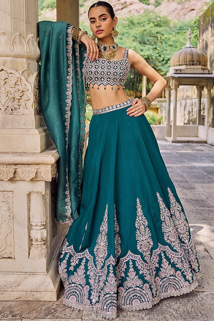 Teal Green Silk Hand Embroidered Lehenga Set by Lashkaraa at Pernia's Pop Up Shop
