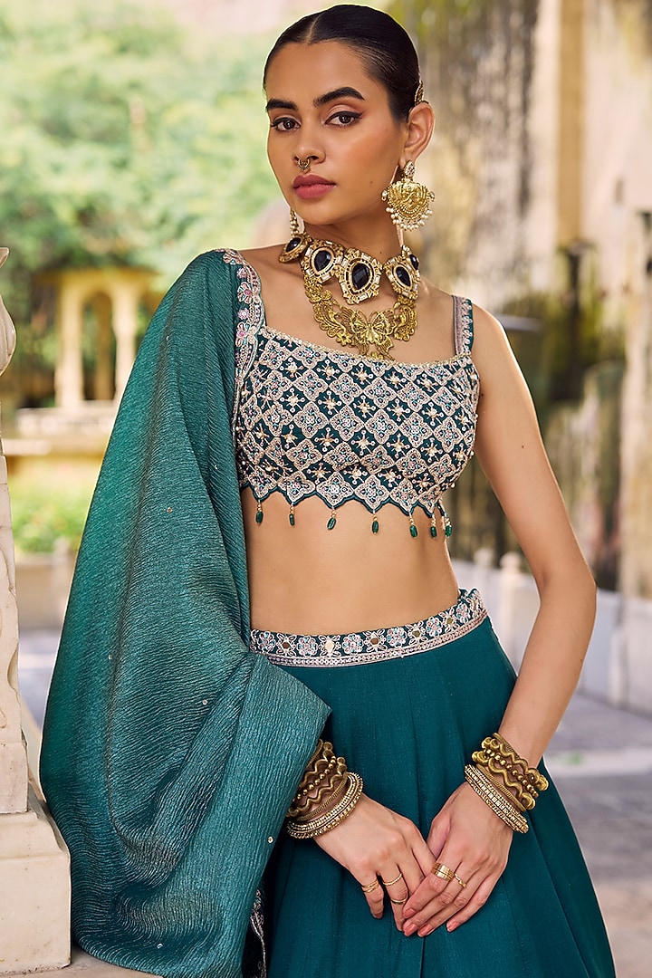 Teal Green Silk Hand Embroidered Lehenga Set by Lashkaraa at Pernia's Pop Up Shop