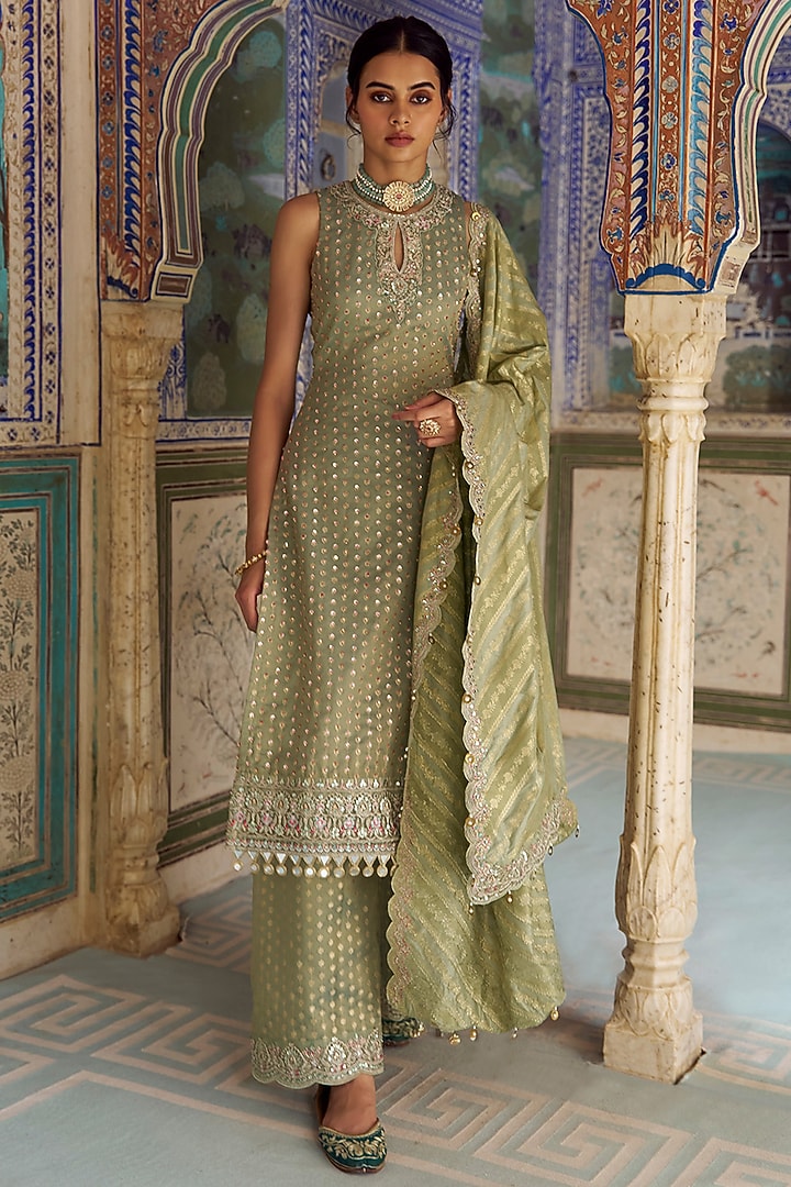 Mint Green Viscose Tissue Sequins Embroidered Kurta Set by Lashkaraa at Pernia's Pop Up Shop