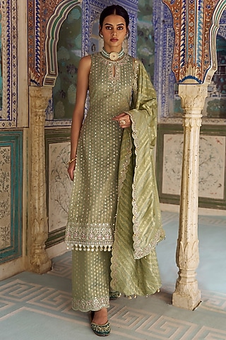 Mint Green Viscose Tissue Sequins Embroidered Kurta Set by Lashkaraa