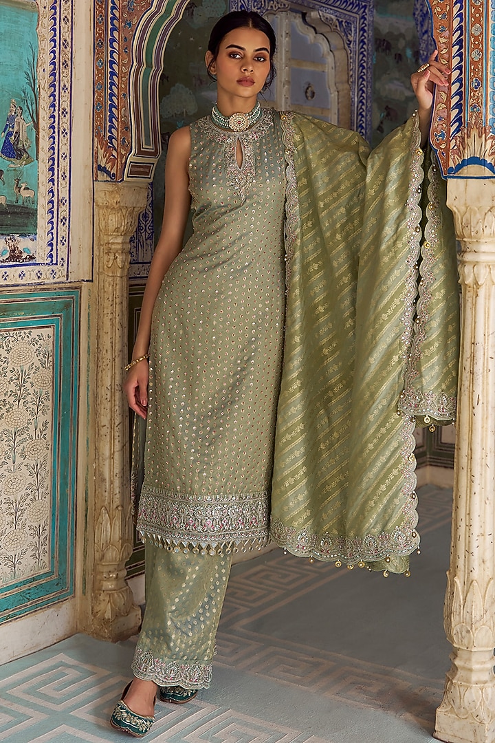 Mint Green Viscose Tissue Sequins Embroidered Kurta Set by Lashkaraa at Pernia's Pop Up Shop