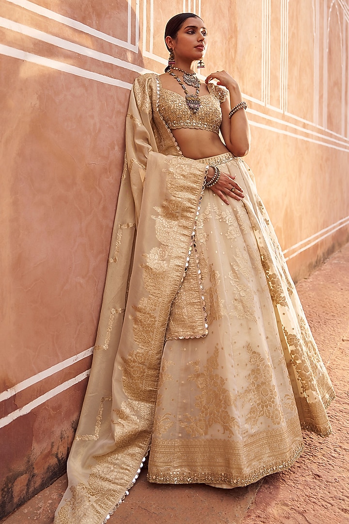 Gold Viscose Tissue Sequins Embroidered Lehenga Set by Lashkaraa at Pernia's Pop Up Shop
