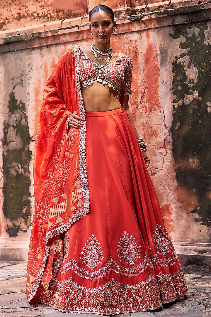 Orange Viscose Silk Hand Embellished Lehenga Set by Lashkaraa at Pernia's Pop Up Shop