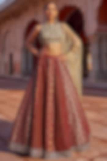 Maroon-Gold Tissue Sequins Embroidered Lehenga Set by Lashkaraa at Pernia's Pop Up Shop