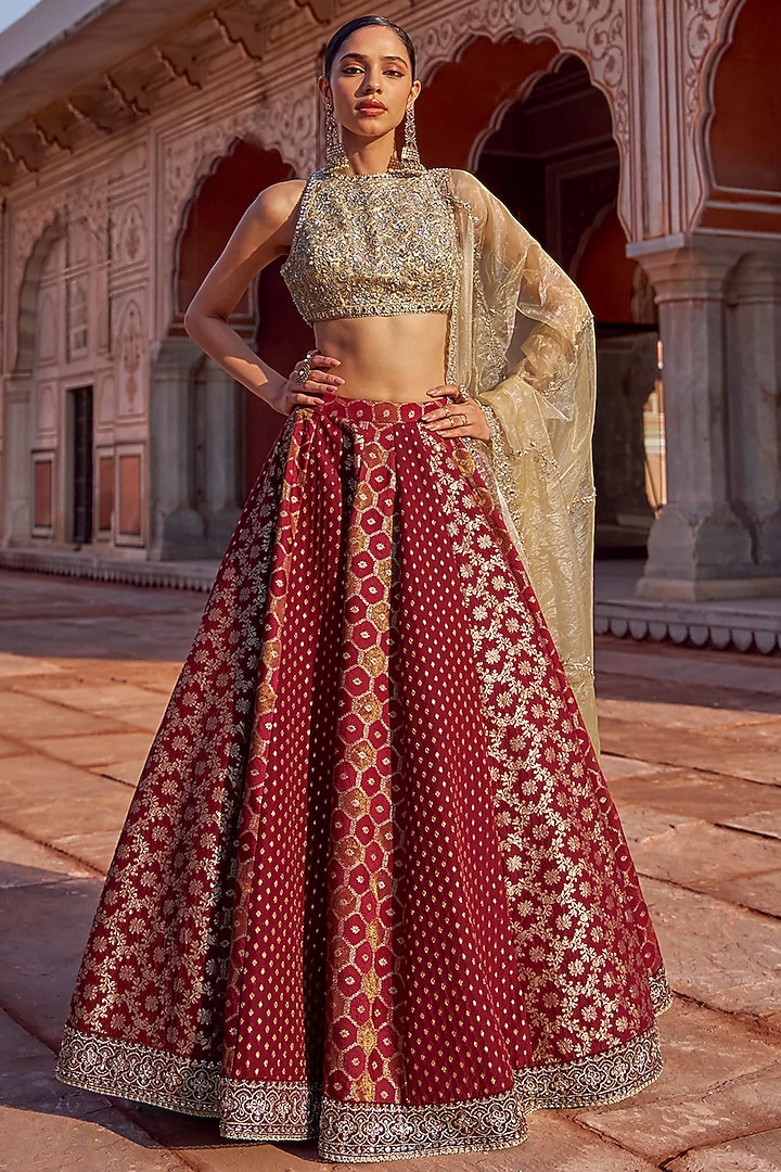 Maroon-Gold Tissue Sequins Embroidered Lehenga Set by Lashkaraa at Pernia's Pop Up Shop