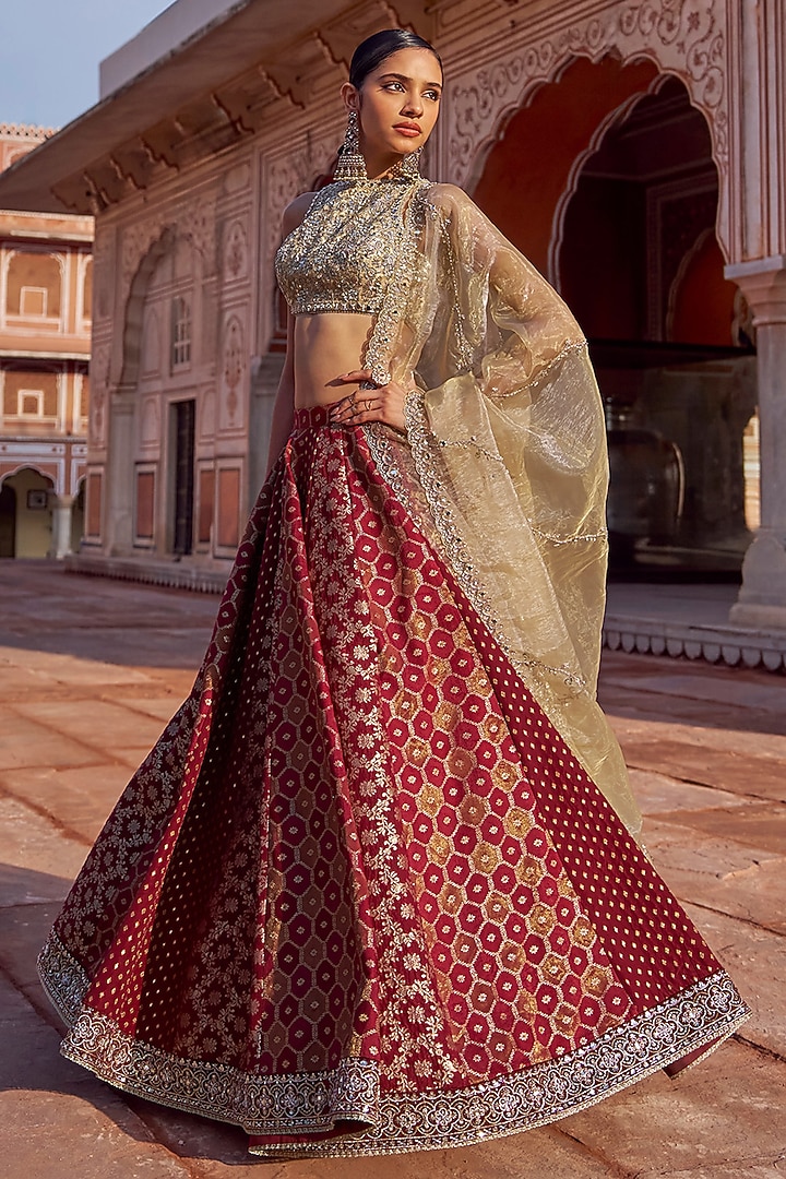 Maroon-Gold Tissue Sequins Embroidered Lehenga Set by Lashkaraa at Pernia's Pop Up Shop