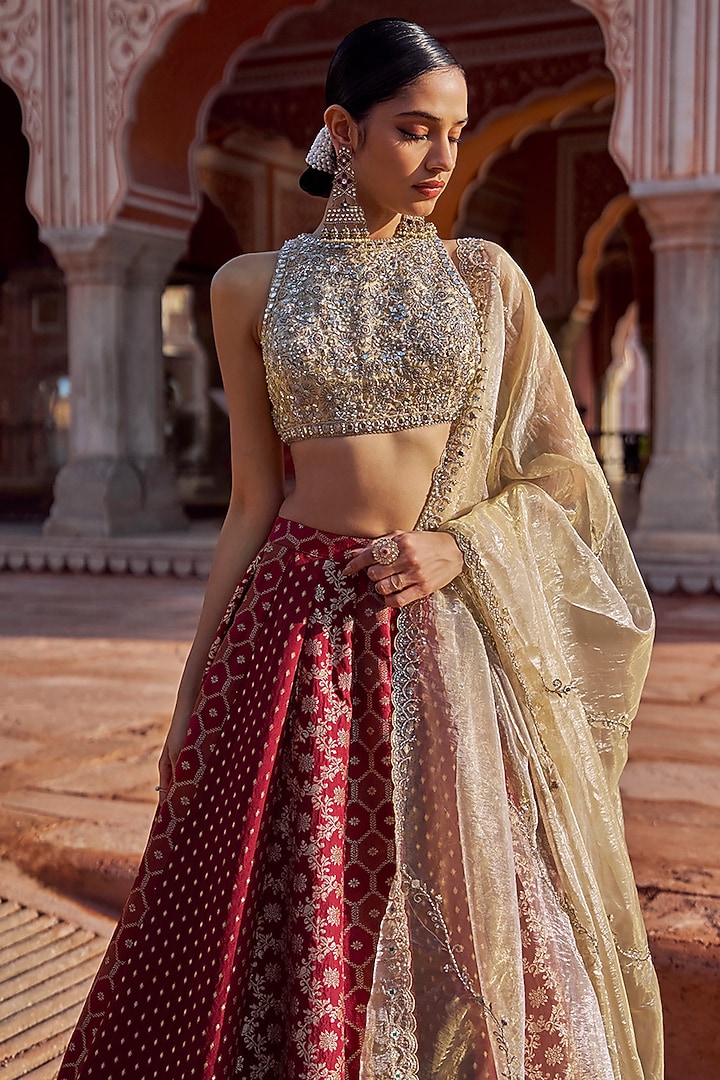 Maroon-Gold Tissue Sequins Embroidered Lehenga Set by Lashkaraa at Pernia's Pop Up Shop