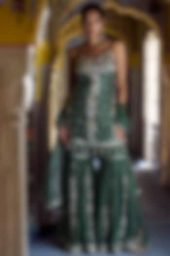 Mehendi Green Satin Embroidered Gharara Set by Lashkaraa at Pernia's Pop Up Shop