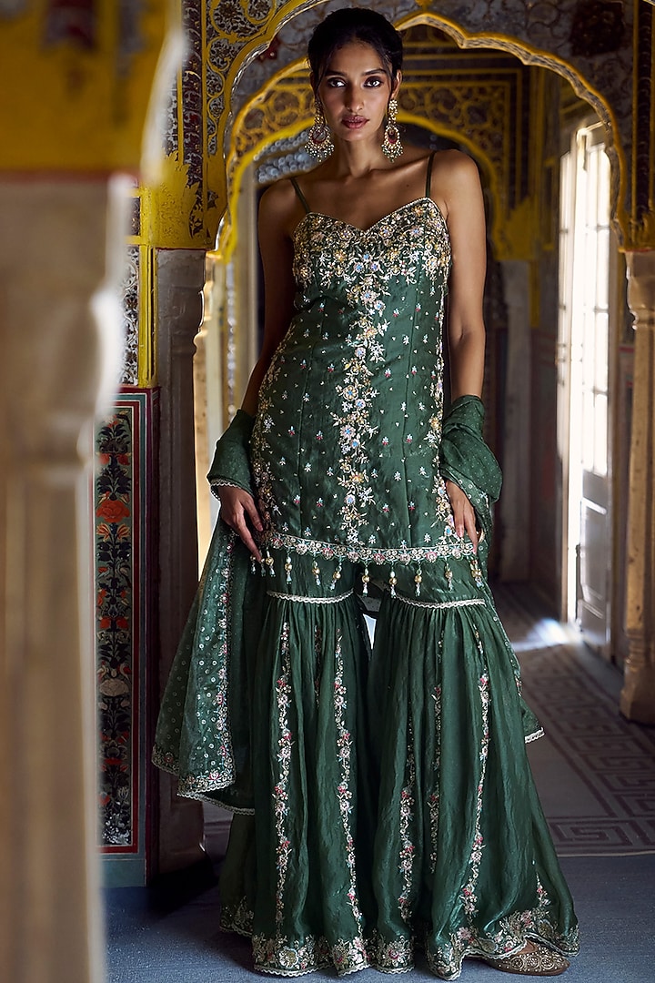 Mehendi Green Satin Embroidered Gharara Set by Lashkaraa at Pernia's Pop Up Shop