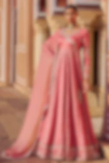 Coral Silk Sequins Embroidered Party Wear Anarkali Set by Lashkaraa at Pernia's Pop Up Shop