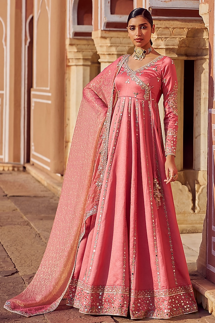 Coral Silk Sequins Embroidered Party Wear Anarkali Set by Lashkaraa at Pernia's Pop Up Shop