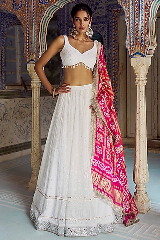 White Pure Bandhani Modal Gajji Silk Hand Embellished Lehenga Set by Lashkaraa