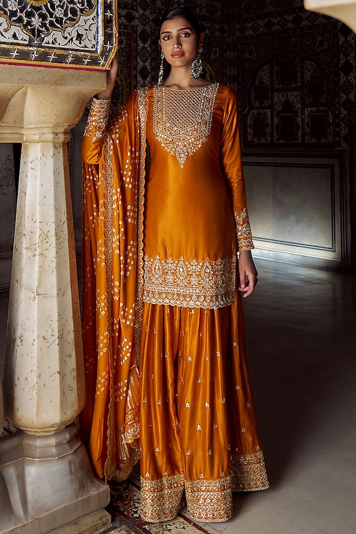 Orange Pure Gajji Silk Hand Embellished Party Wear Sharara Set by Lashkaraa at Pernia's Pop Up Shop