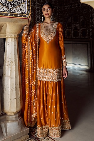Orange Pure Gajji Silk Hand Embellished Sharara Set by Lashkaraa