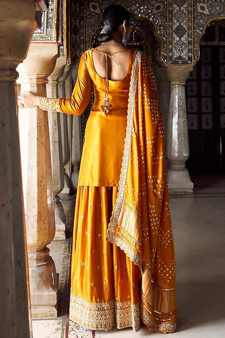 Orange Pure Gajji Silk Hand Embellished Party Wear Sharara Set by Lashkaraa at Pernia's Pop Up Shop