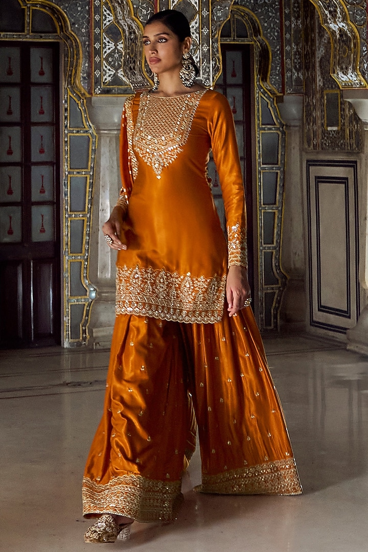 Orange Pure Gajji Silk Hand Embellished Party Wear Sharara Set by Lashkaraa at Pernia's Pop Up Shop