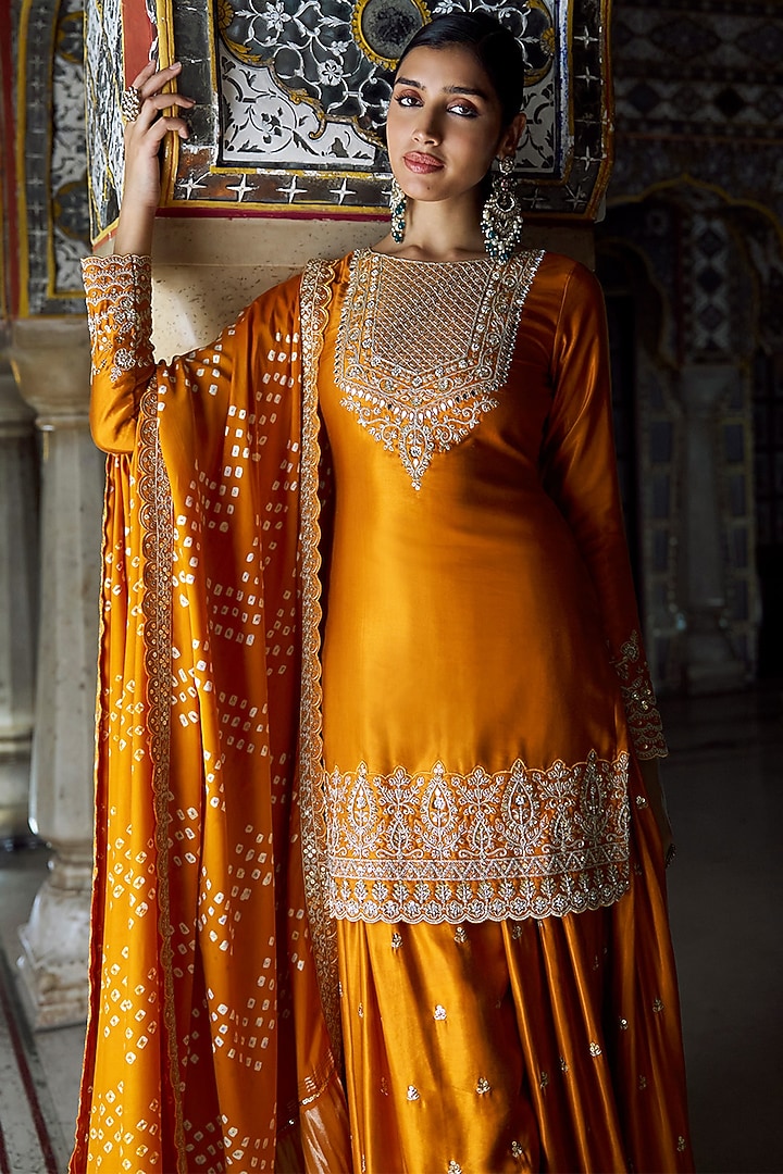 Orange Pure Gajji Silk Hand Embellished Party Wear Sharara Set by Lashkaraa at Pernia's Pop Up Shop