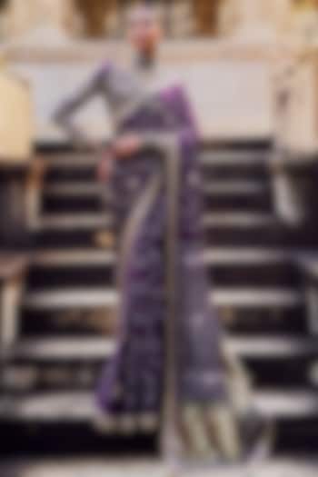 Deep Purple Pure Bandhani Gajji Silk Hand Embellished Pre-Stitched Wedding Saree Set by Lashkaraa at Pernia's Pop Up Shop