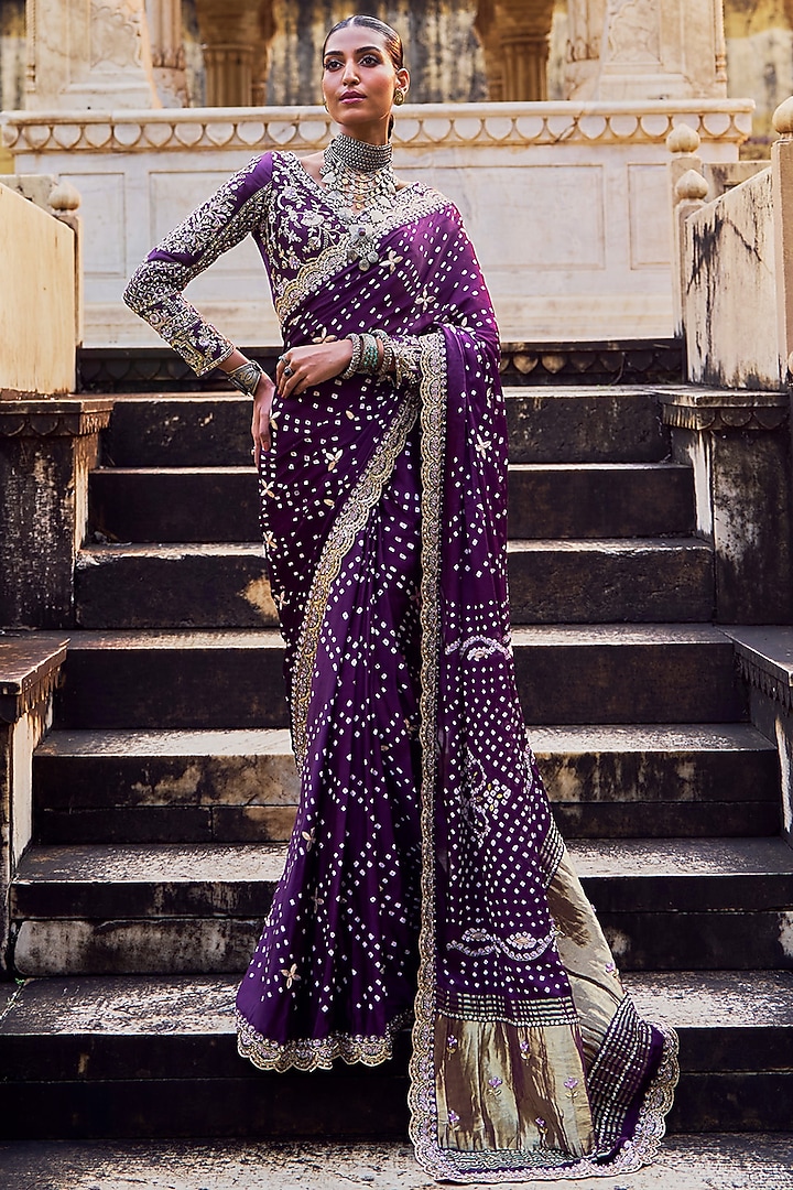 Deep Purple Pure Bandhani Gajji Silk Hand Embellished Pre-Stitched Wedding Saree Set by Lashkaraa at Pernia's Pop Up Shop