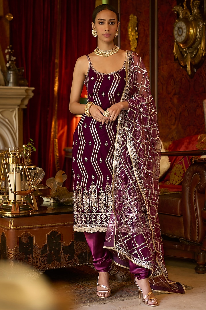 Purple Velvet Sequins Embroidered Kurta Set Design by Lashkaraa at ...