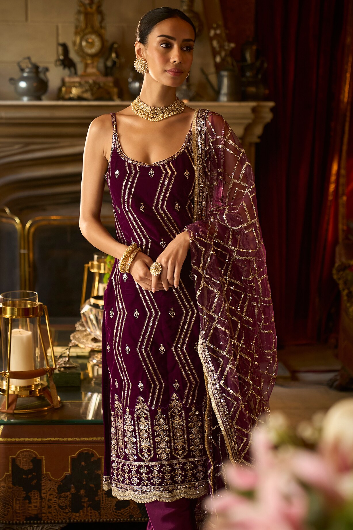 Red and Purple Velvet Kurta Set