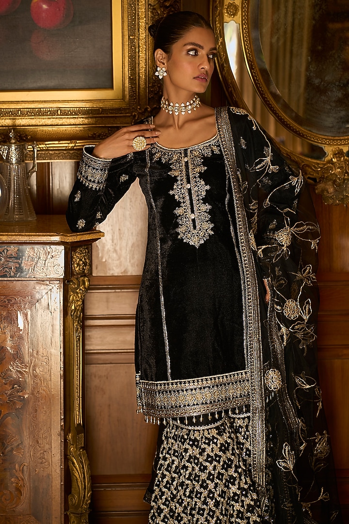 Black Shantoon Thread Embroidered Party Wear Sharara Set by Lashkaraa at Pernia's Pop Up Shop