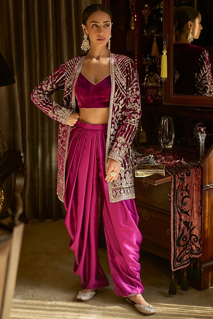 Magenta Velvet Sequins Embroidered Jacket Set by Lashkaraa at Pernia's Pop Up Shop