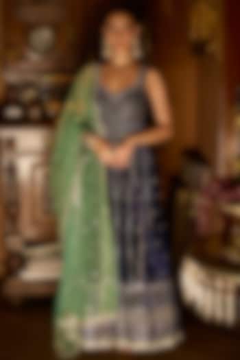 Navy Blue Velvet Sequins Embroidered Party Wear Anarkali Set by Lashkaraa at Pernia's Pop Up Shop