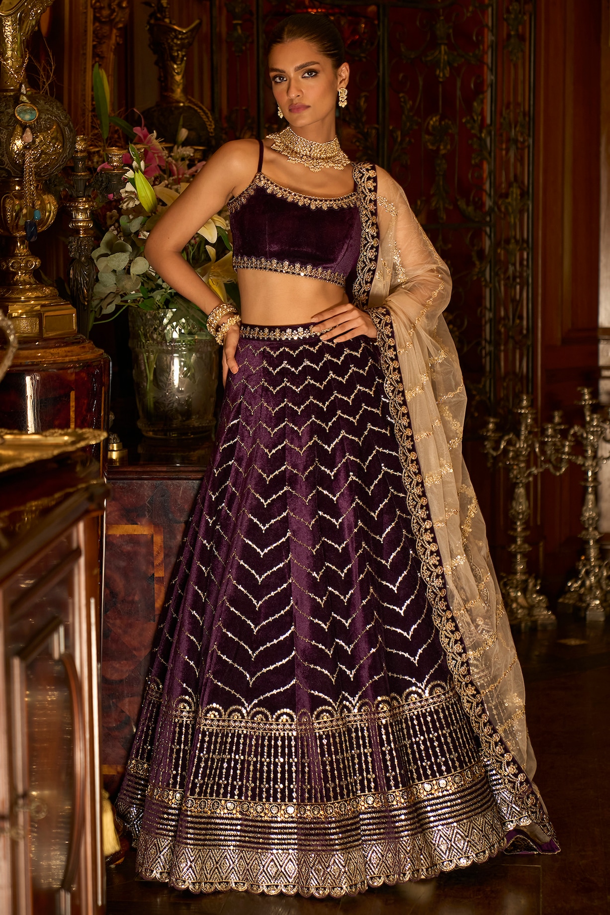 Deep Purple Velvet Zari Sequins Embroidered Lehenga Set by