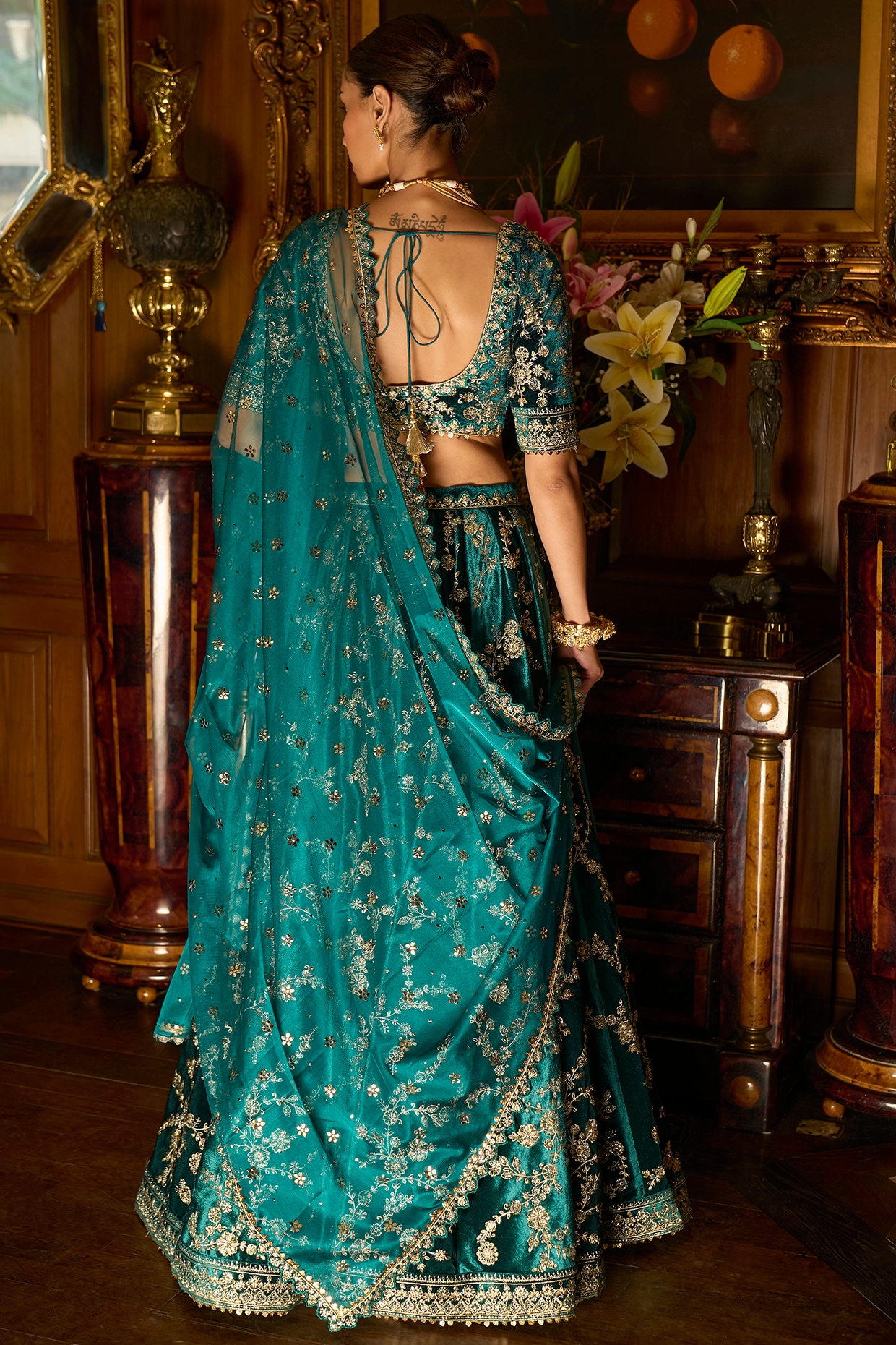 Turquoise Blue Zari With Mutli Sequins Embroidery Net Lehenga – Maharani