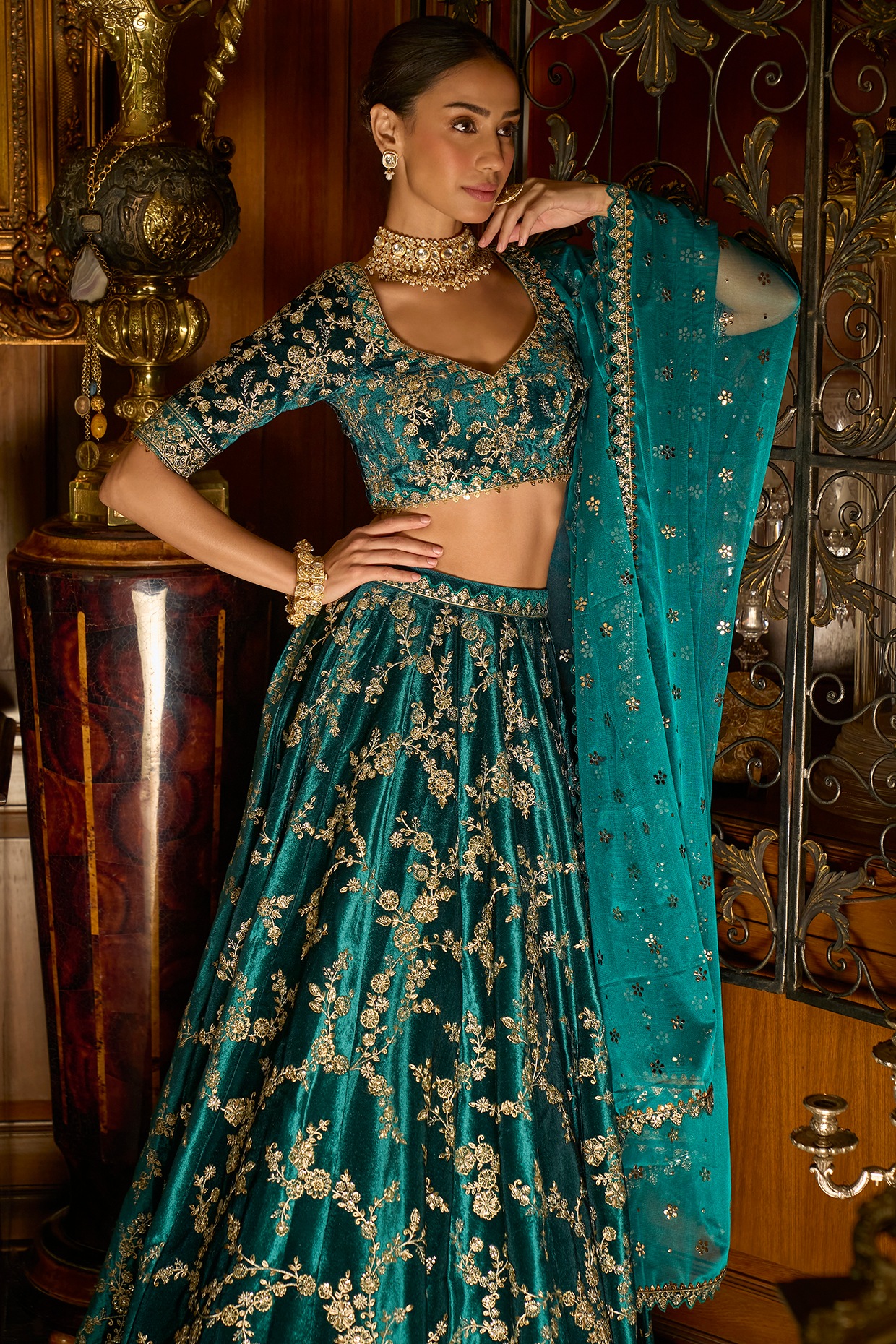 Cold Turquoise Silk & Organza Hand Embroidered Shaded Lehenga Set Design by  ANNUS CREATION at Pernia's Pop Up Shop 2024