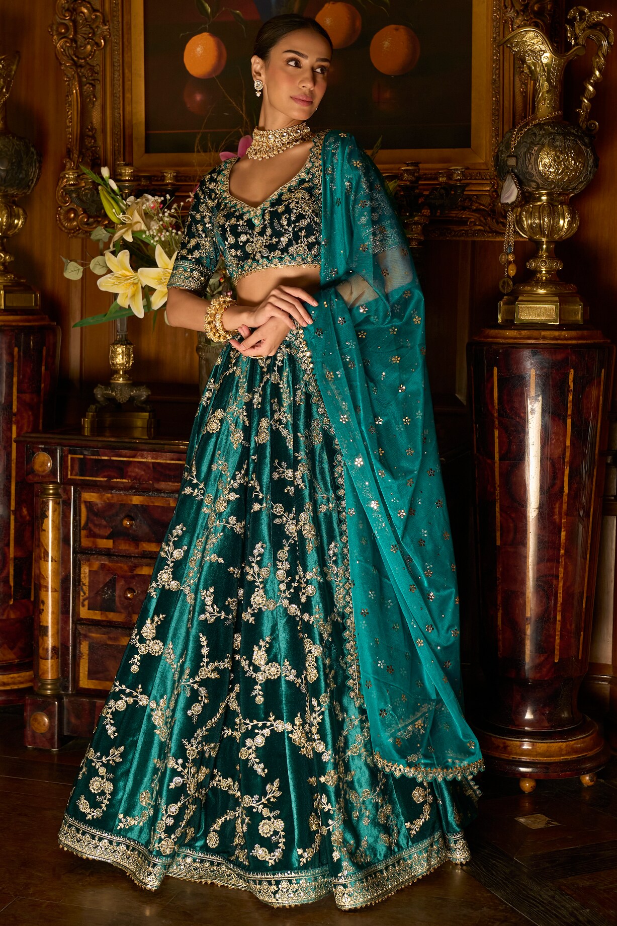 Sravya Teal Vichitra Silk Sequins Embroidered Lehenga Set main image 1