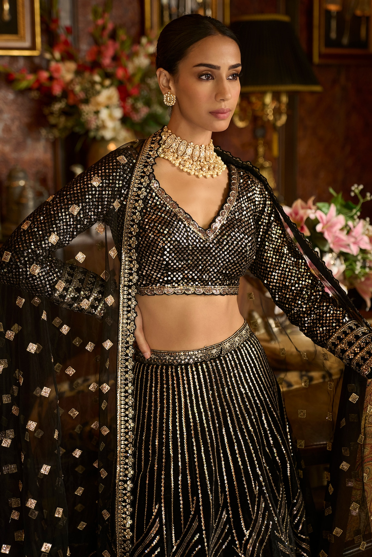 Mirror Work Blouse & Black Gold Lehenga Set