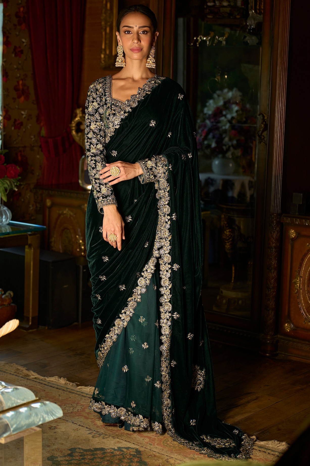 The Sunehri Green Zari Embroidered Velvet Top & Skirt Set With Sequins & Lace