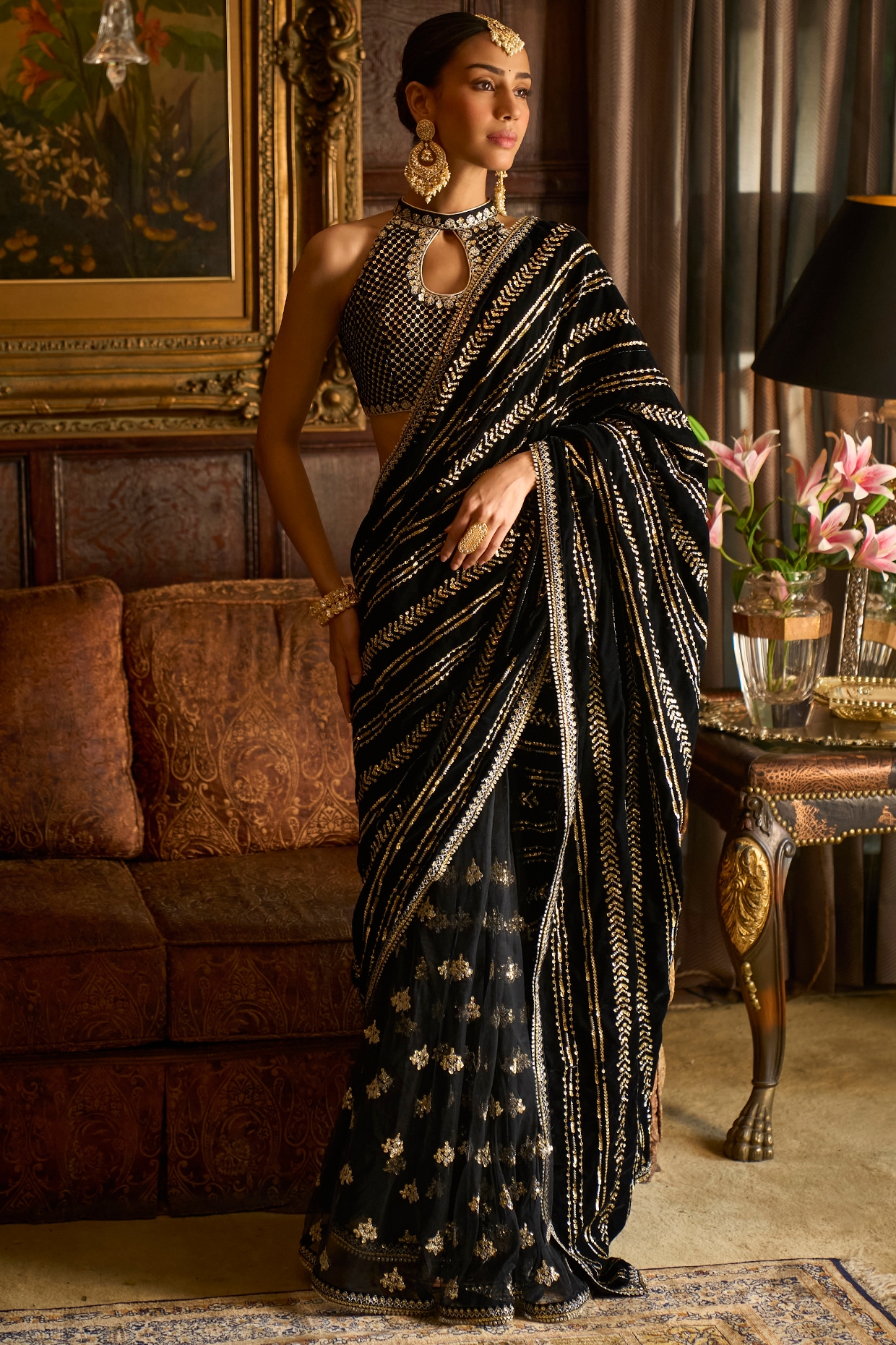 Buy Black Shimmer Pre-Stitched Saree In Sequins With Ready Blouse KALKI  Fashion India
