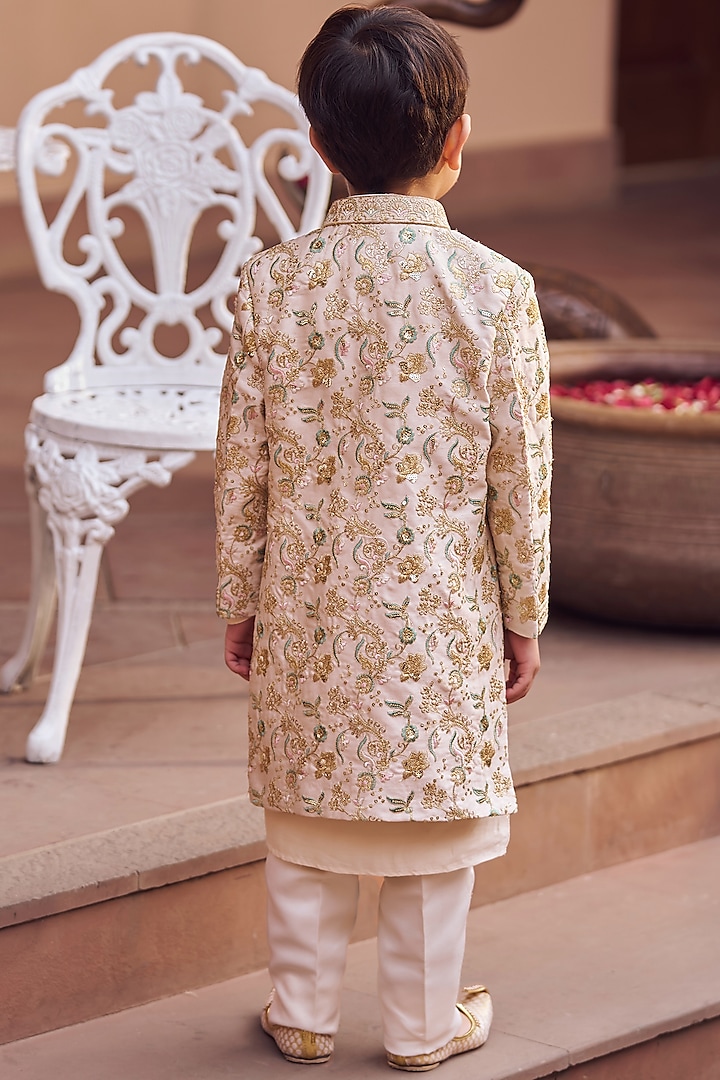 Gold Silk Zari & Thread Embroidered Sherwani Set For Boys by Lashkaraa Kids at Pernia's Pop Up Shop