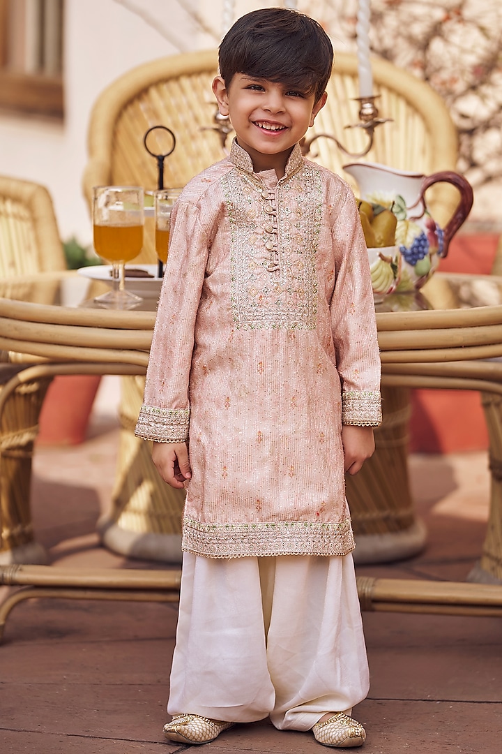 Blush Peach Satin Floral Printed & Thread Embroidered Kurta Set For Boys by Lashkaraa Kids at Pernia's Pop Up Shop