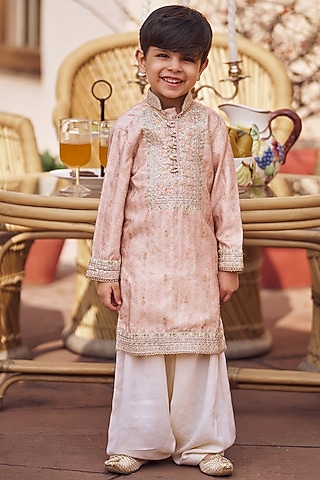 Blush Peach Satin Floral Printed & Thread Embroidered Kurta Set For Boys by Lashkaraa Kids