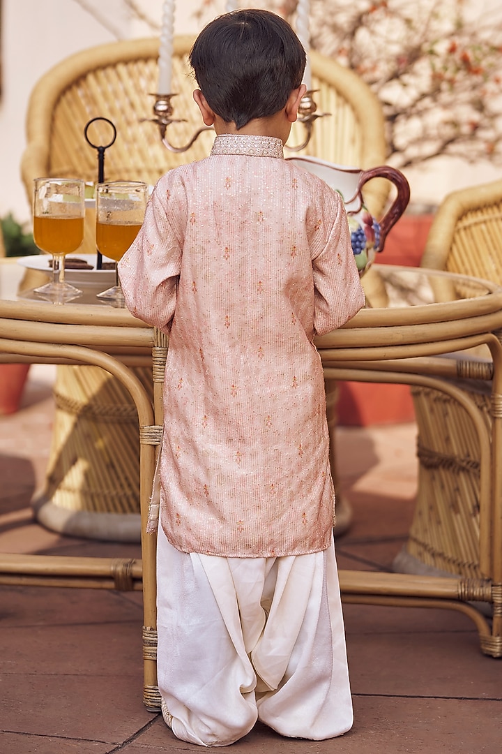 Blush Peach Satin Floral Printed & Thread Embroidered Kurta Set For Boys by Lashkaraa Kids at Pernia's Pop Up Shop