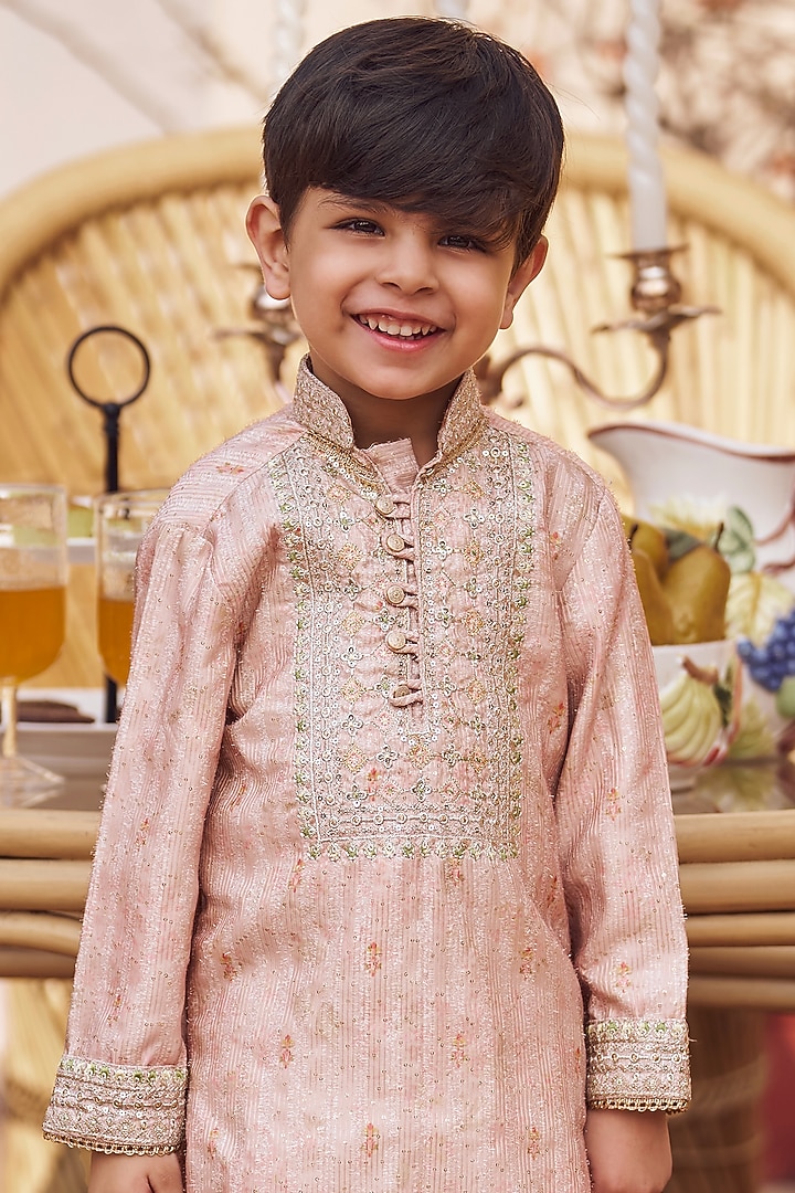 Blush Peach Satin Floral Printed & Thread Embroidered Kurta Set For Boys by Lashkaraa Kids at Pernia's Pop Up Shop