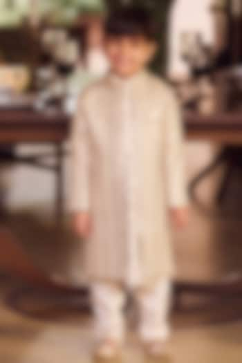 Blush Silk Sequins & Thread Embroidered Sherwani Set For Boys by Lashkaraa Kids