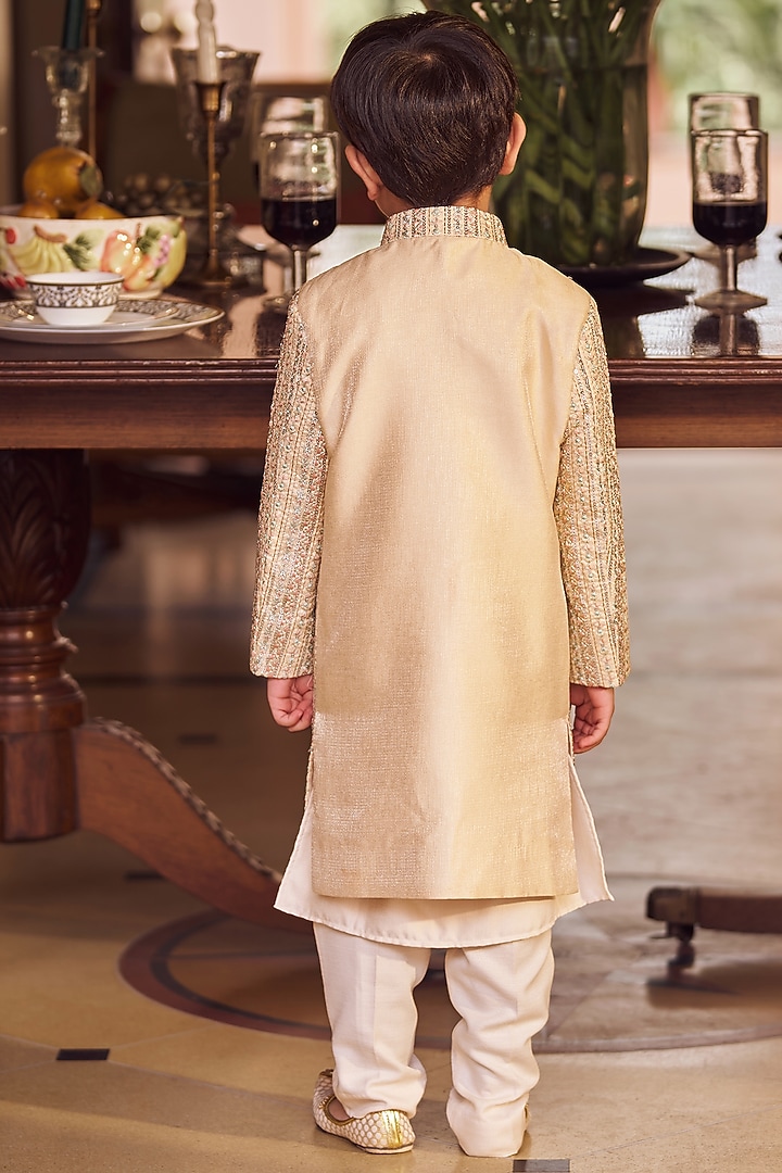 Blush Silk Sequins & Thread Embroidered Sherwani Set For Boys by Lashkaraa Kids at Pernia's Pop Up Shop