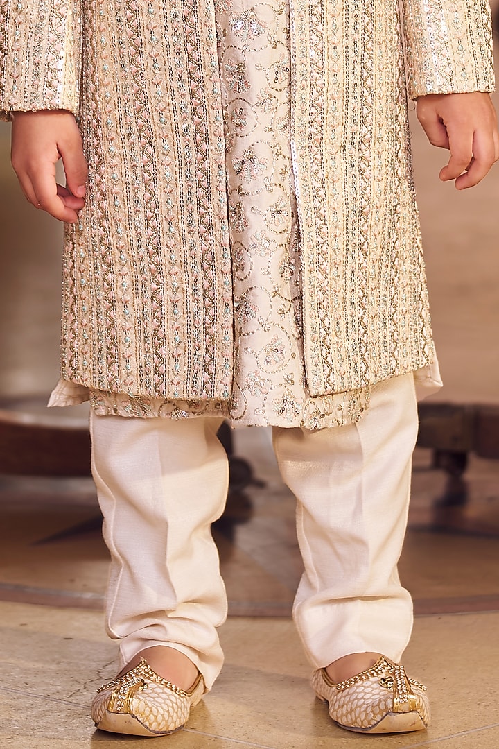 Blush Silk Sequins & Thread Embroidered Sherwani Set For Boys by Lashkaraa Kids at Pernia's Pop Up Shop