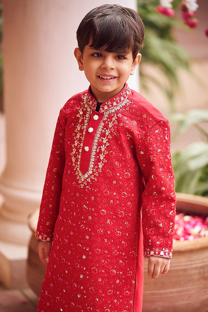 Red Silk Sequins & Thread Embroidered Kurta Set For Boys by Lashkaraa Kids at Pernia's Pop Up Shop